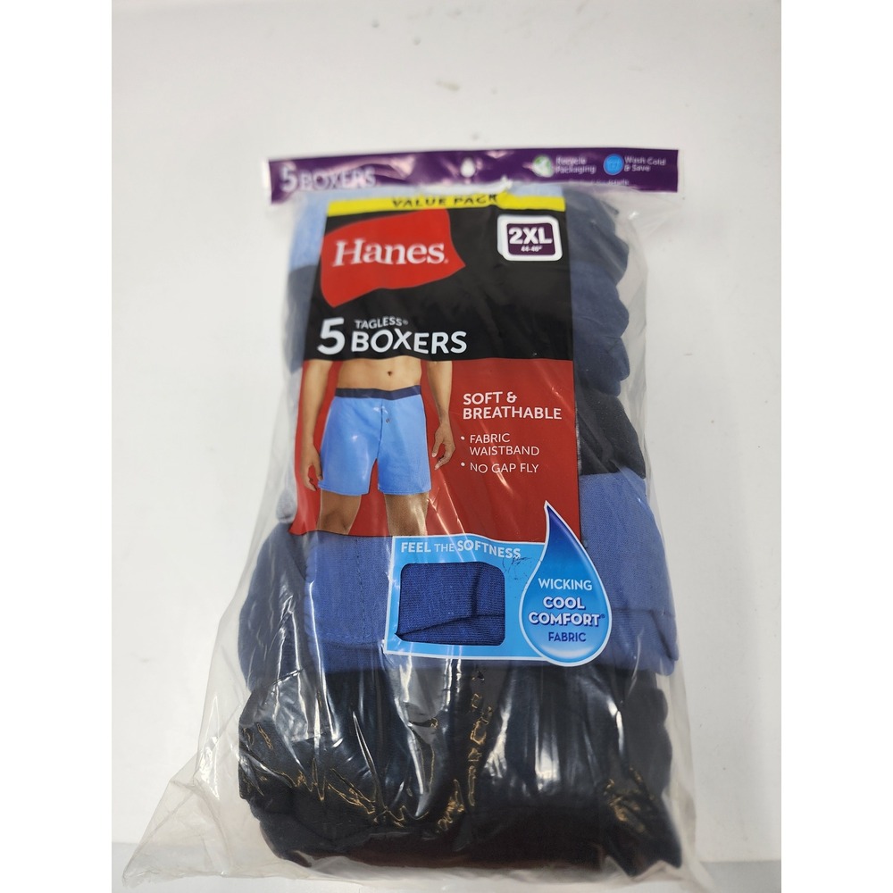 Hanes Mens Tagless 5 Pack Boxers Blue Cotton Blend Casual Size 2XL